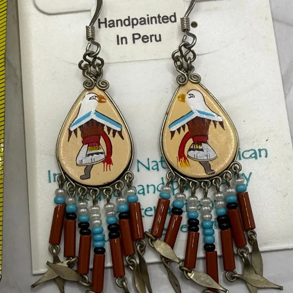 Colors Peru Hand Painted Eagle Dancer Style Beaded Earrings NWT